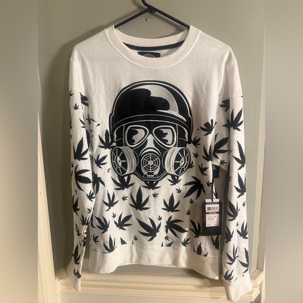 Gas Mask Graphic Sweatshirt Medium White Black Cannabis Leaf Print Streetwear